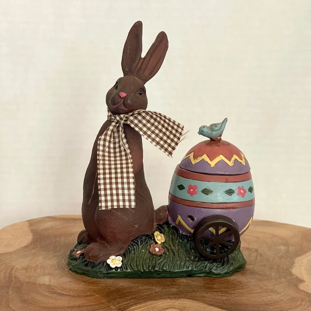 Vintage Easter figurine brown rabbit pulling a Easter egg cart!